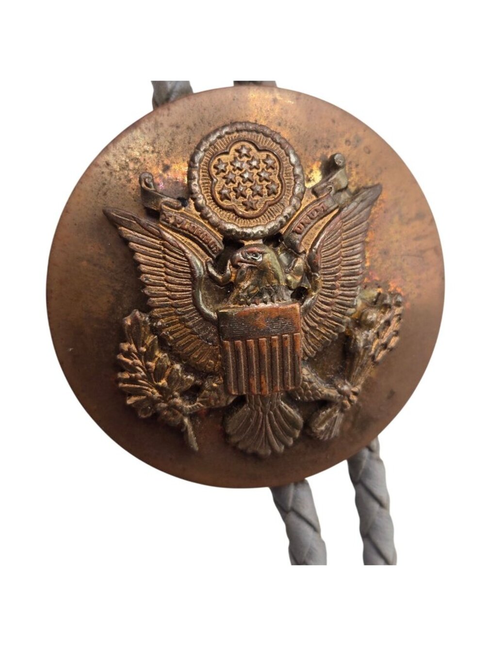 Vintage Bolo Tie Brass Eagle Emblem Braided Leather Cord Country Western Cowboy